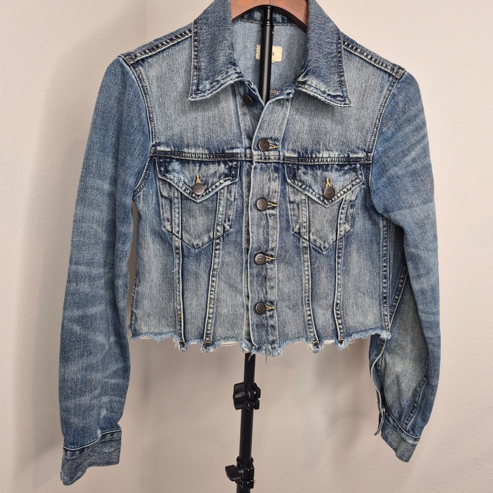 ABLE Naibi Cropped Denim Jacket Blue Raw Hem Cotton Lyocell Blend Light Wash S
